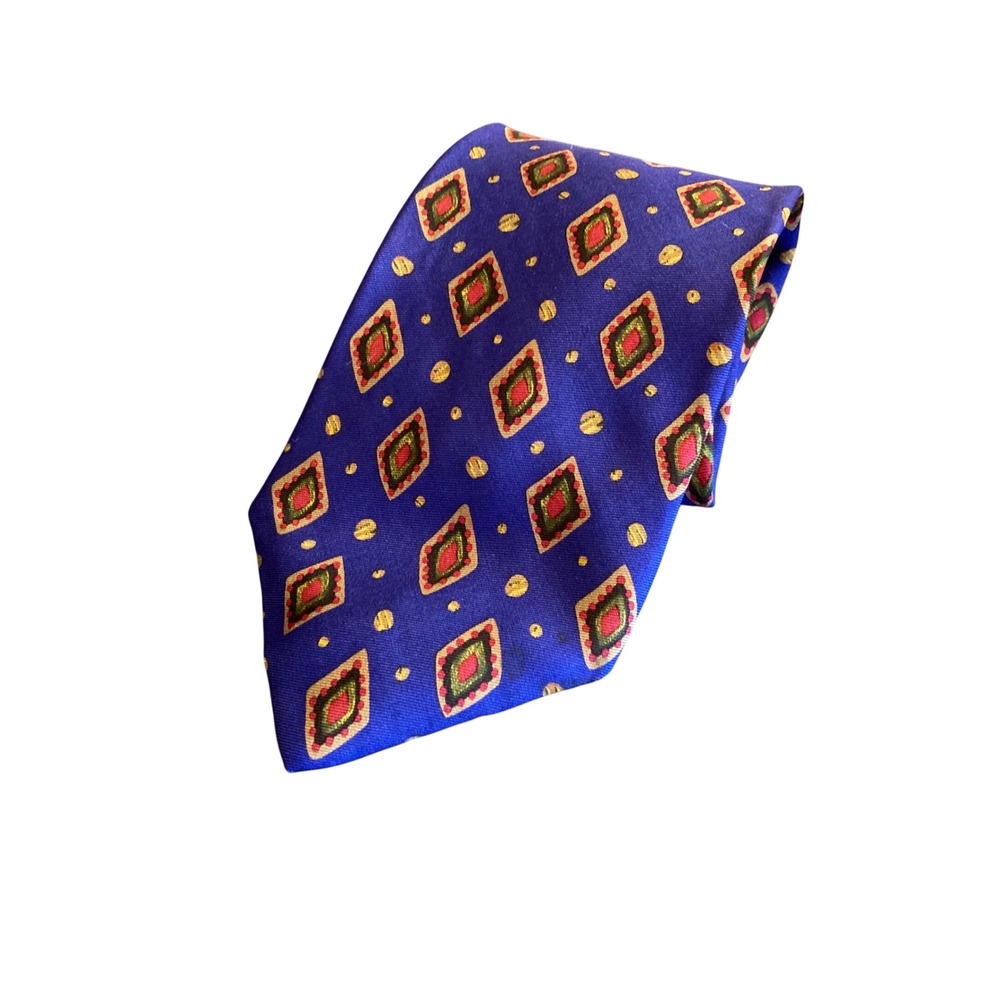 Abercrombie & Fitch Mens Silk Tie Blue Red Gold Geometric Diamond Made in USA